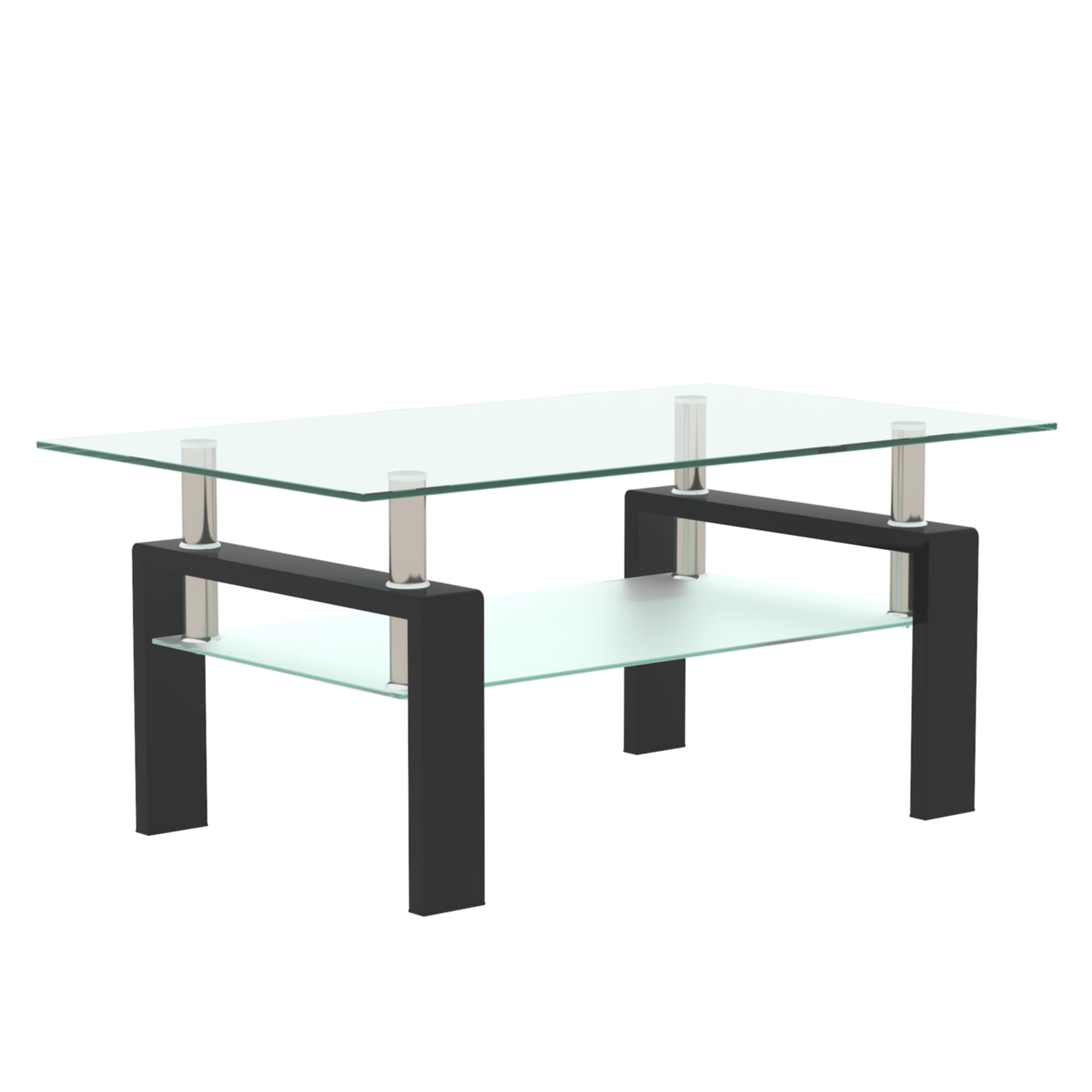 Glass Coffee Table with Lower Shelf, Holaki Modern Rectangular Tempered Glass Center Table with Metal Legs for Living Room, Black