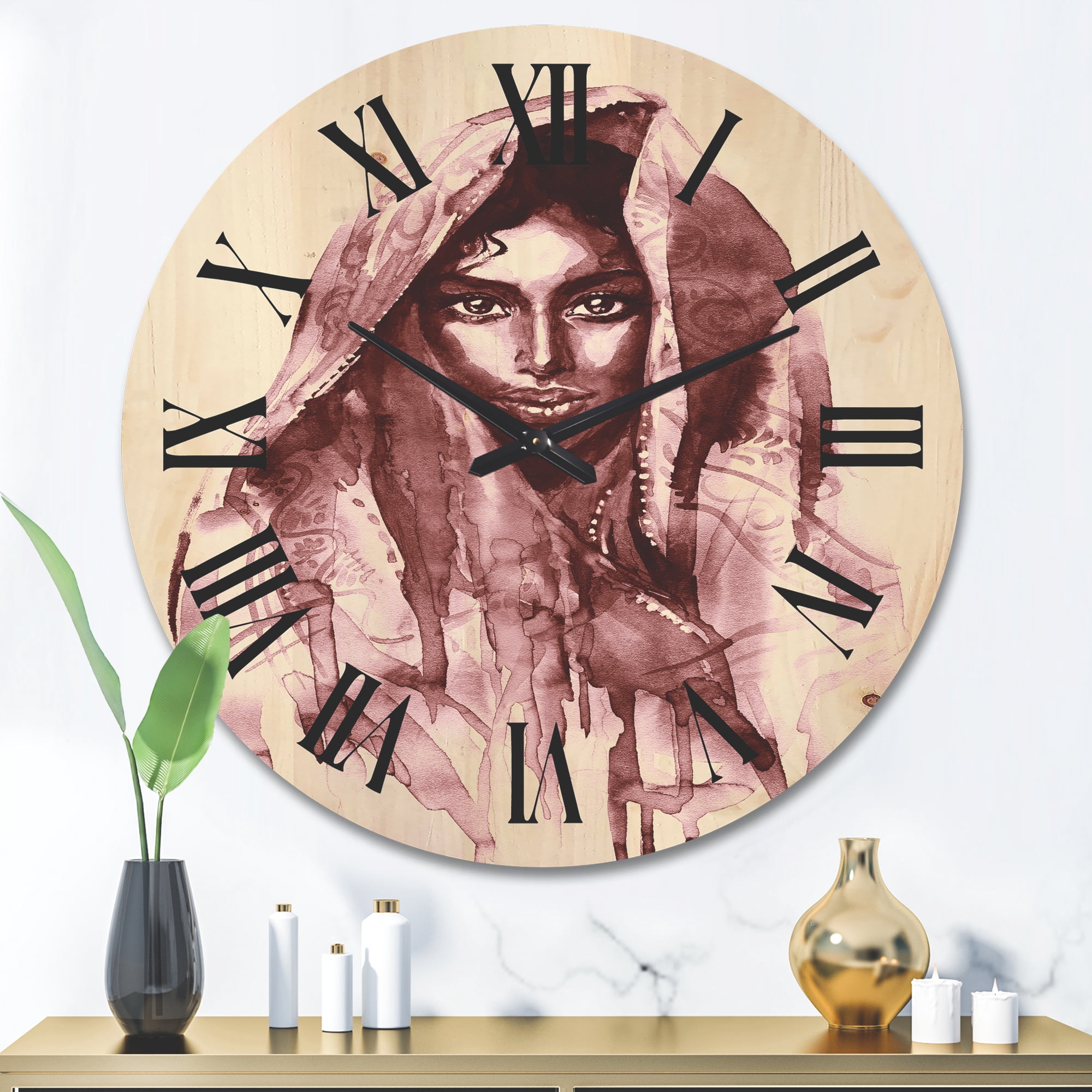 Designart 'Black and White Portrait of Young Indian Woman II' Modern Wood Wall Clock