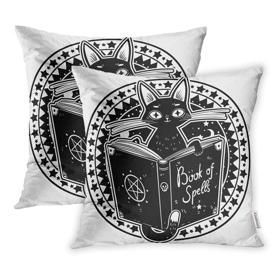 ECCOT Black Witch Cat Reading The Book of Dark Magic Hammer Malleus Maleficarum Pillowcase Pillow Cover 20x20 inch Set of 2