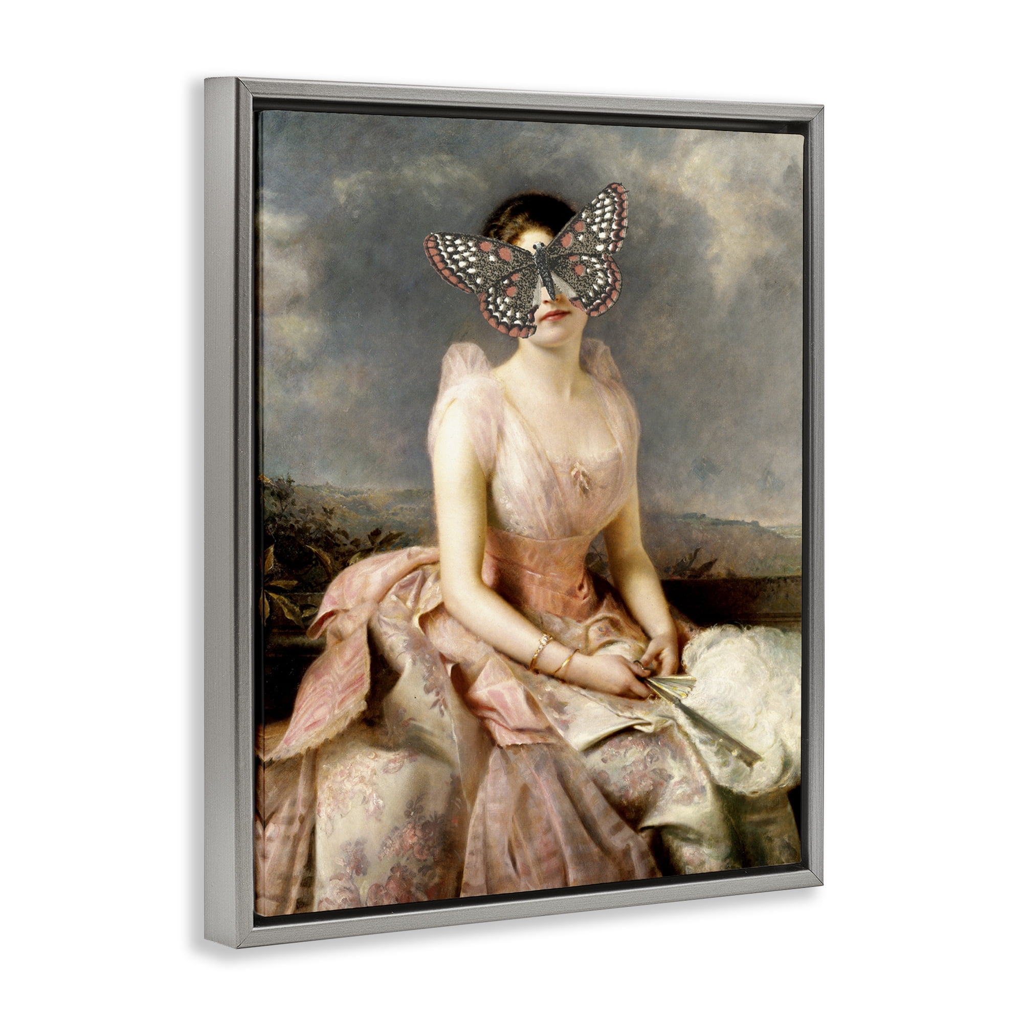 Stupell Industries Vintage Butterfly View People Painting Gray Floater Framed Canvas Art Print Wall Art, 25 x 31