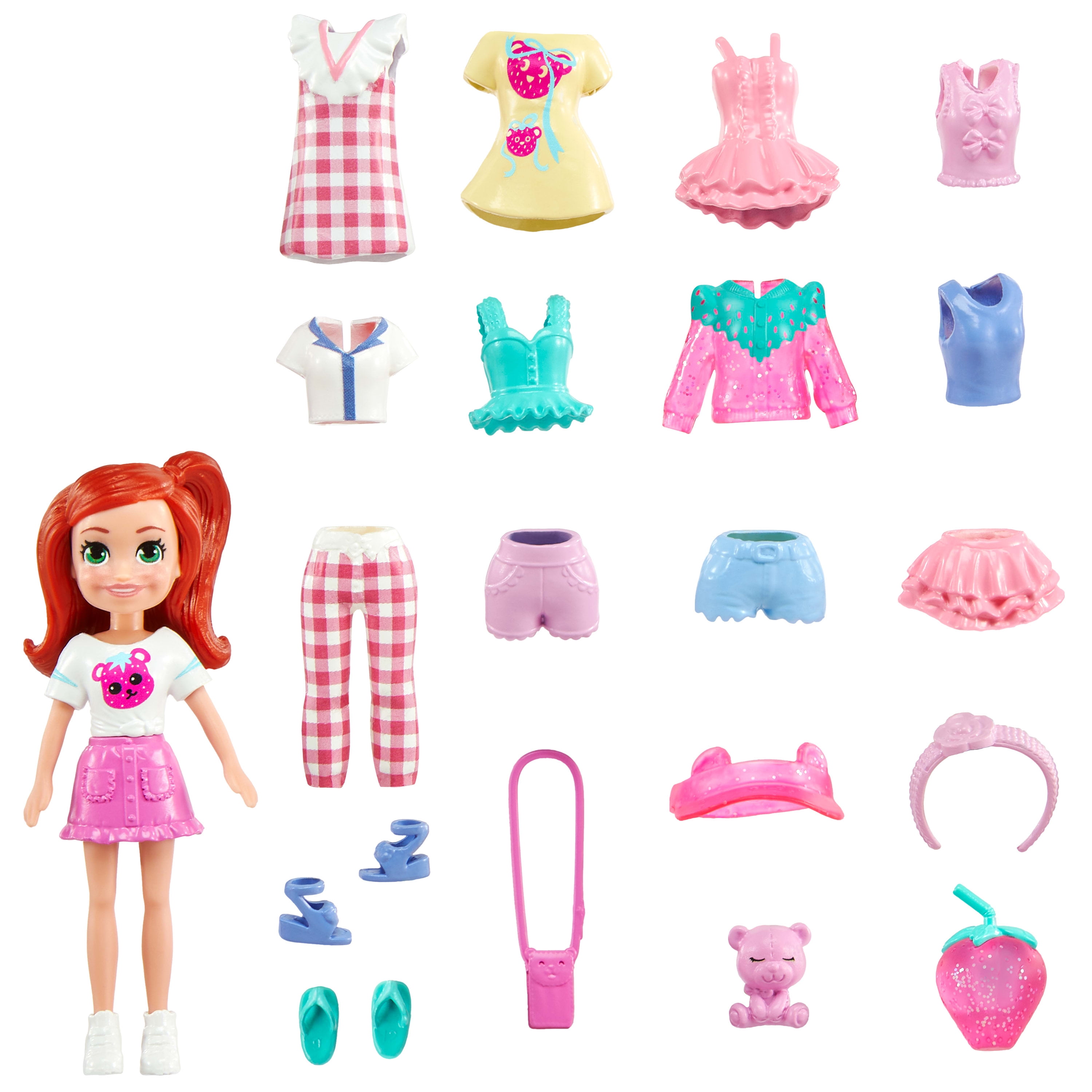 Polly Pocket Medium Fashion Pack, Travel Toy with Doll and Clothing Accessories, Strawberry Garden Theme