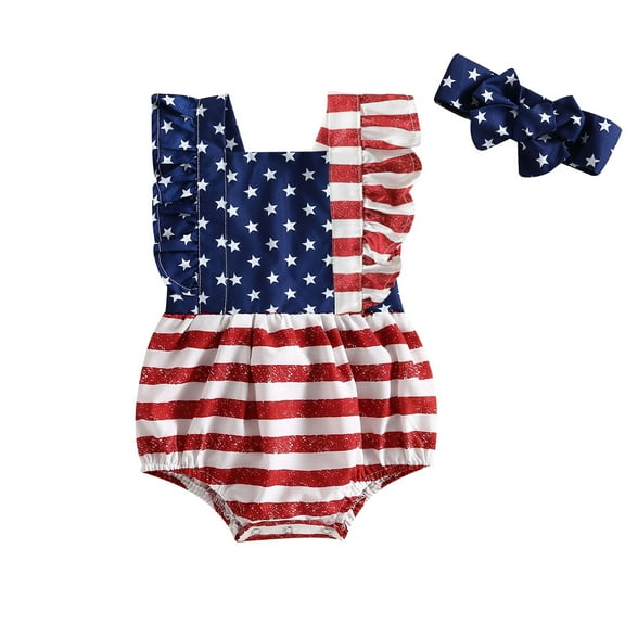 Elippeo Baby Girl 4th of July Outfits 6 9 12 18 Months Sleeveless Backless Ruffle Romper with Headband Set