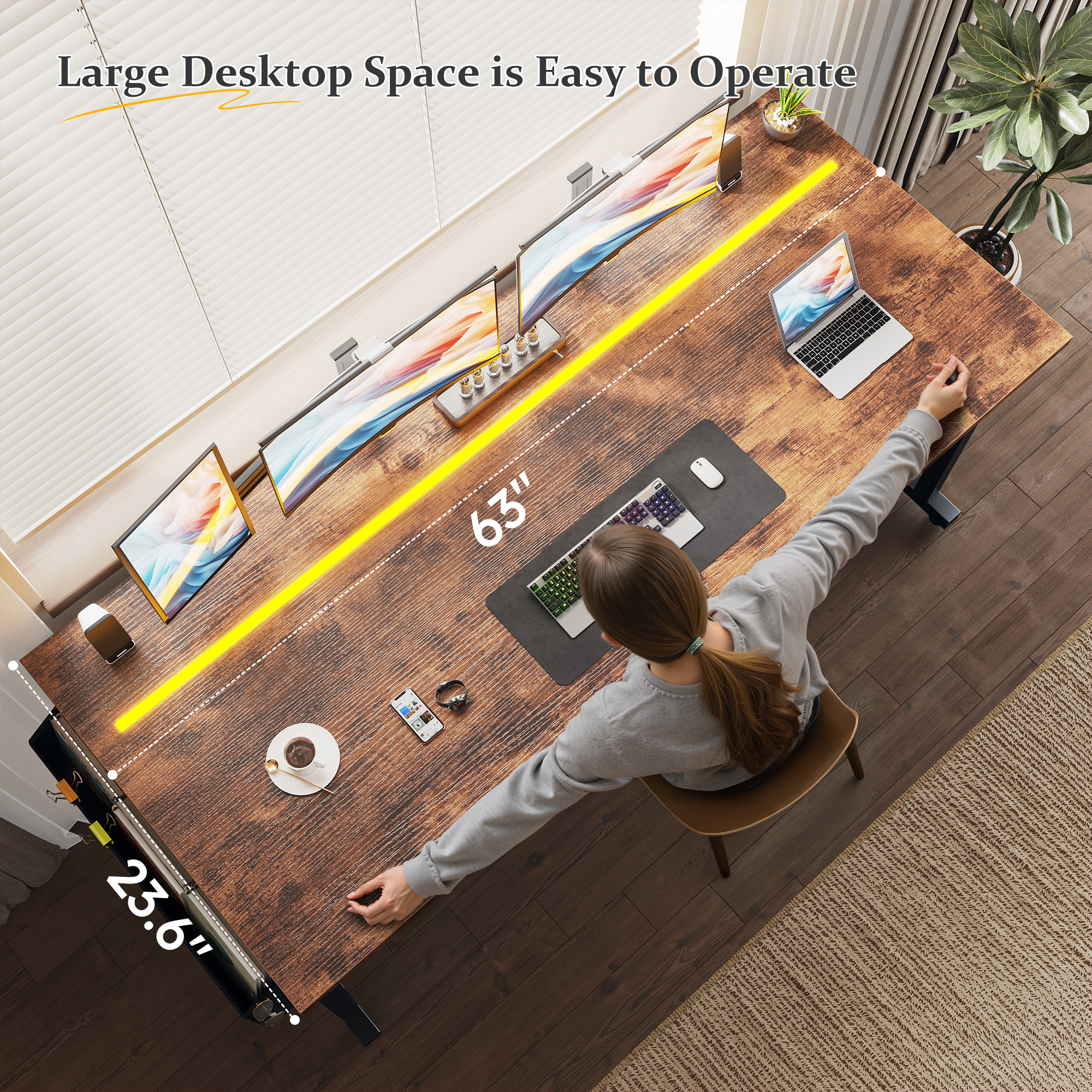 Romorgniz 63 Inch Computer Desk with LED Lights for Small Spaces, Home Office Desk with Storage Bag, Headphone Hook, Rustic Brown
