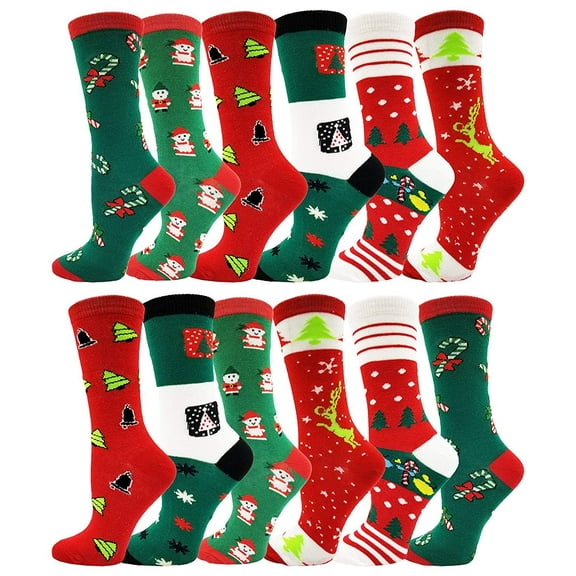 Women's Christmas Socks, 12 Pairs, Holiday Xmas Gift, Novelty Colorful Patterns (12 Pairs Assorted Crew Socks #2)