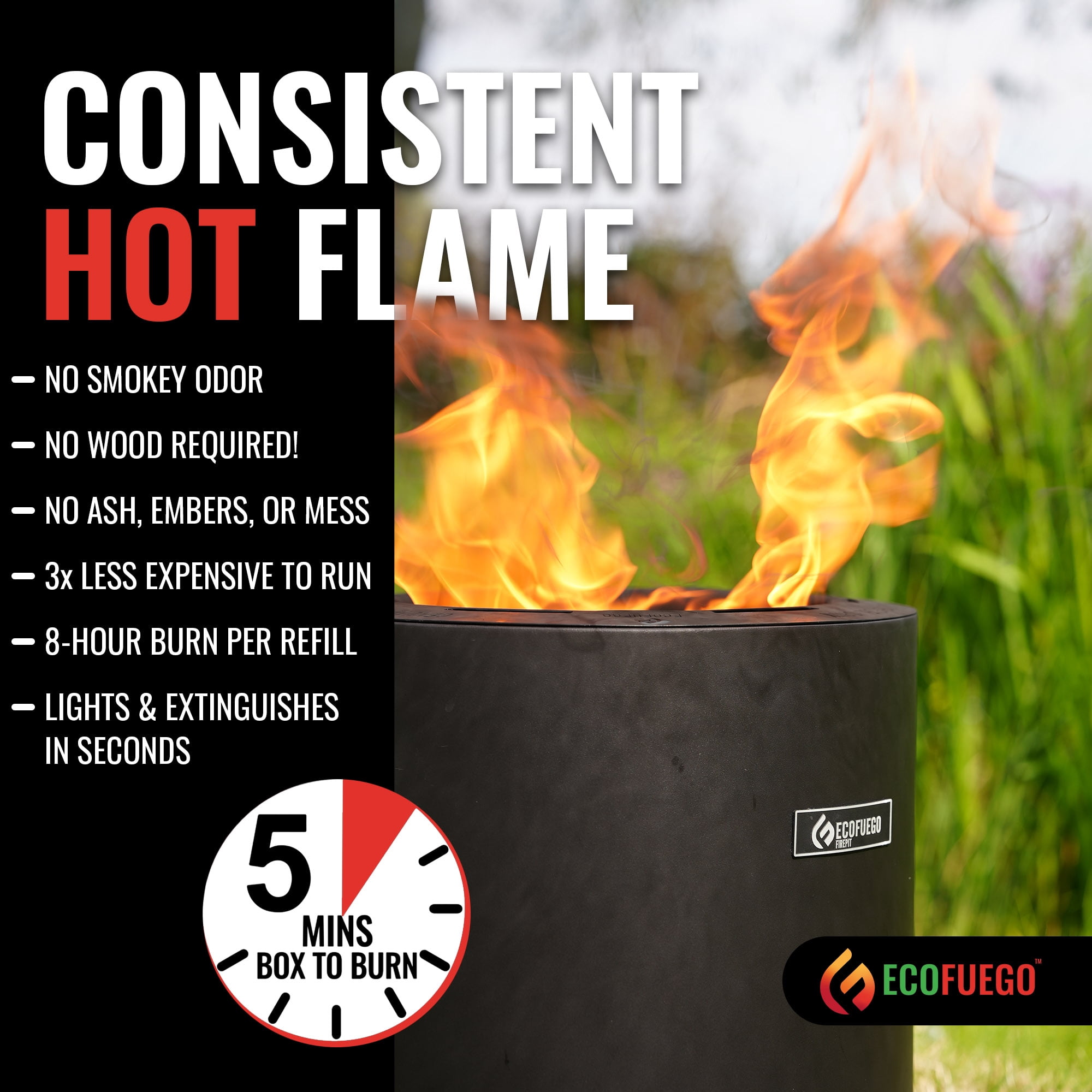 El Campo Portable Wax-Burning Fire Pit – Clean-Burning, No-Wood Fuel with 8-Hour Wax Refill – Compact and Durable – Matte Black