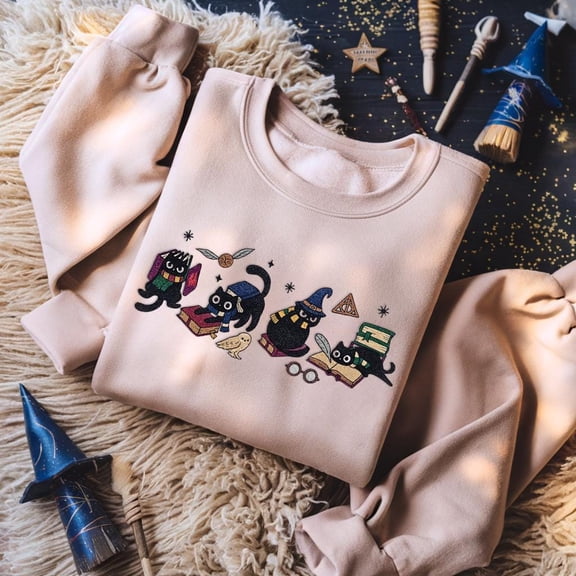 Embroidered Wizard House Cat Christmas Sweatshirt, Wizard Cat Bookish Shirt, Cat Book Lover Gift, Wizard School Shirt, Magical Castle Shirt