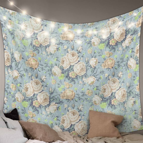 Blue Flowers Large Tapestry for Bedroom Wall Hanging Tapestry,Romantic Farmhouse Botanical Floral Leaves Ceiling Backdrop Tapestries Poster Blanket Wall Decor for Teens Room Living Room 86" x 104"