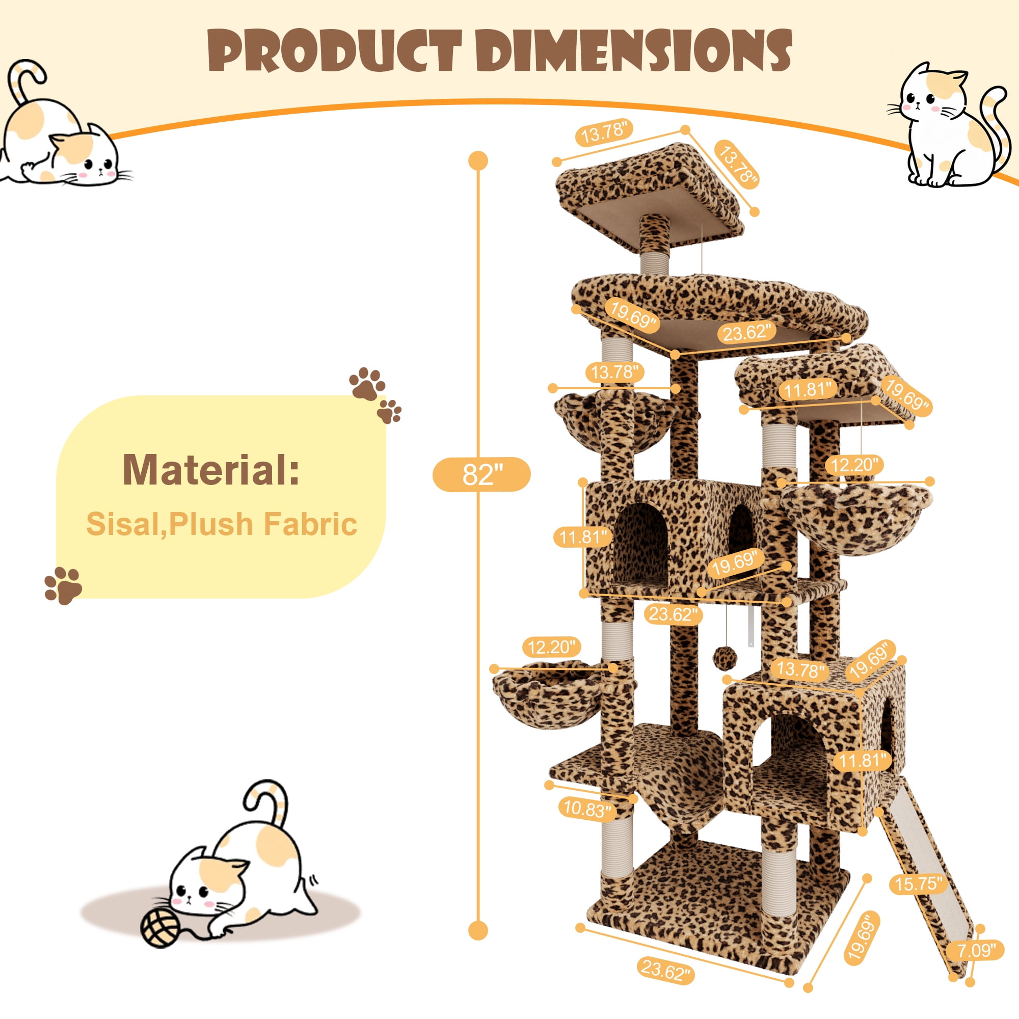 Merrland 82" Multi-Level Large Cat Tree Tower for Indoor Kitties, Cat Furniture with Plush Condo Hammock Top Perch, Sisal Scratching Posts & Ramp, Leopard Print