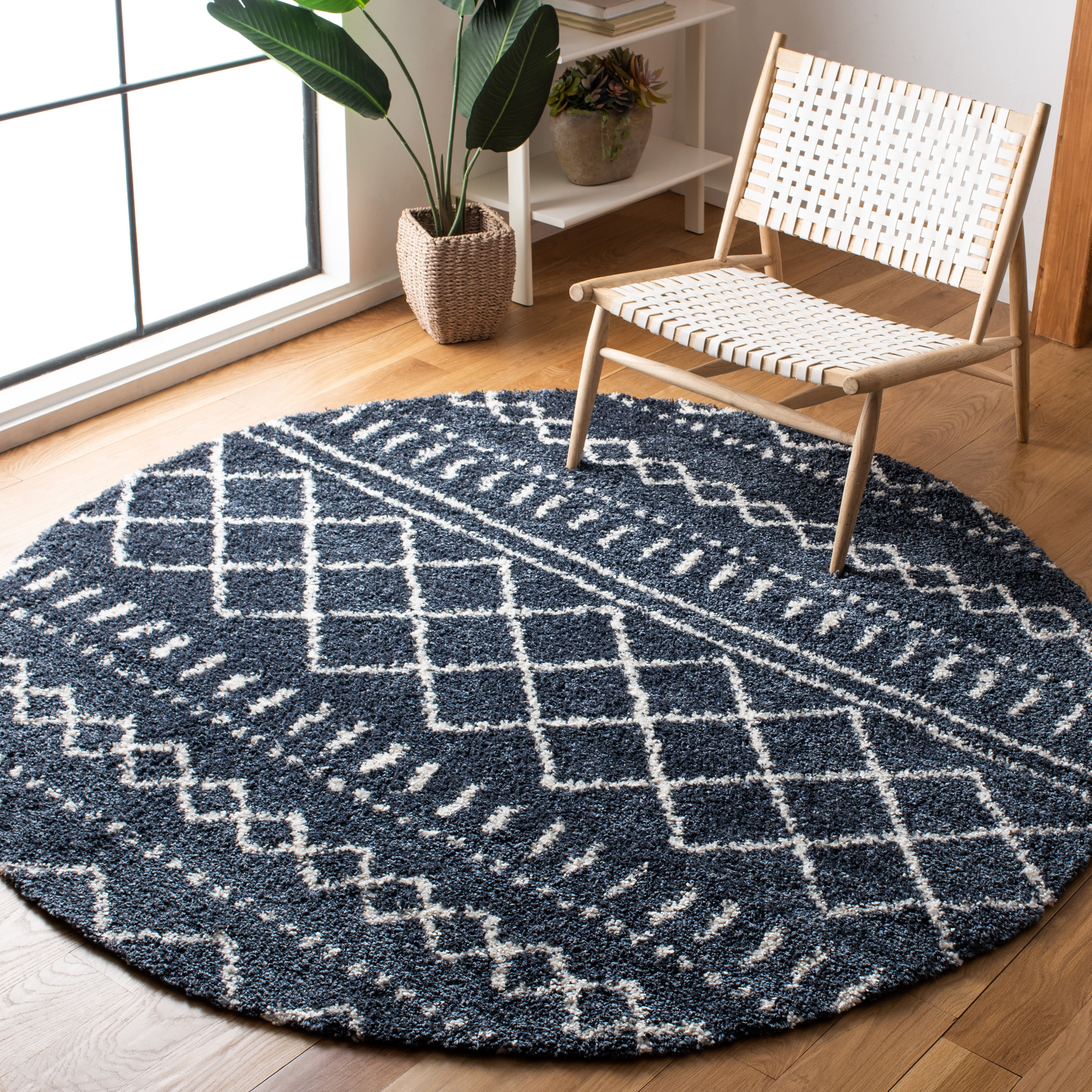 Safavieh Arizona Teagan Geometric Shag Area Rug, Slate Blue/Ivory, 8' x 8' Round