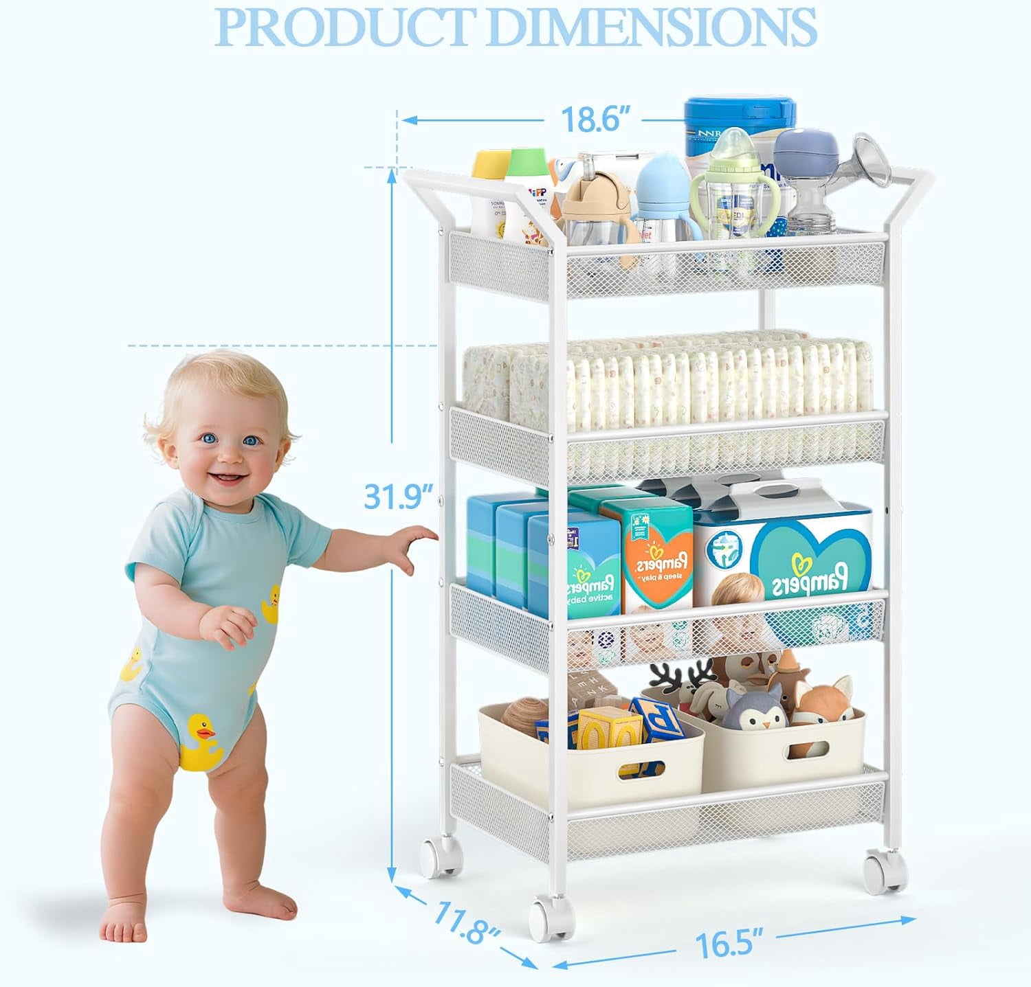 Baby Diaper Caddy Cart, 4-Tier Diaper Caddy Organizer and Storage, Rolling Utility Cart for Baby Supplies, Diaper Cart with Wheels for Bedroom, Nursery, Changing Table, White