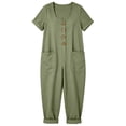 thumbnail image 5 of Women's Cotton Linen Solid‑Color Short‑Sleeve Jumpsuit U‑Neck Button‑Front Loose Baggy One‑Piece Pants with Side Pockets Army Green XL(XL), 5 of 9