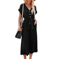 thumbnail image 2 of Maemukilabe Women Cropped Jumpsuit Button Closure Waist Tie Romper V-neck Pockets Chiffon Jumpsuits, 2 of 8