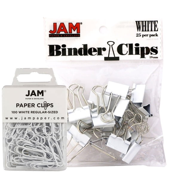 JAM Paper Office Desk Supplies, White, 2/Pack, 1 Paper Clips & 1 Binder Clips
