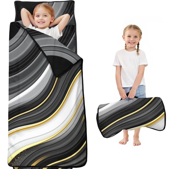 Black and Gold Marble Pattern Teens Toddler Nap Mat with Pillow, Sleeping Mat Bag for Preschool Daycare 59"x22"