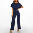 thumbnail image 3 of Fesfesfes Dressy Jumpsuit for Women Short Sleeve Round Neck Playsuit Clubwear Straight Leg Solid Color Jumpsuit With Belt, 3 of 9
