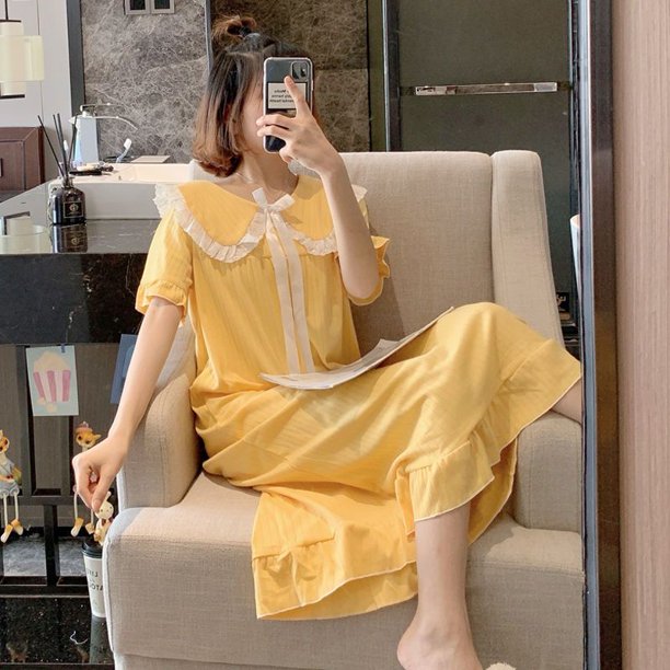 Pijamas con estampado naranja para mujer, camisón de encaje de estilo coreano, vestido de noche de verano, ropa de dormir de manga corta con lazo, ropa de casa