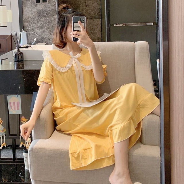 Pijamas con estampado naranja para mujer, camisón de encaje de estilo coreano, vestido de noche de verano, ropa de dormir de manga corta con lazo, ropa de casa