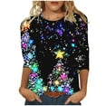 thumbnail image 2 of QIPOPIQ Hauts à Manches 3/4 pour Femmes Col Rond T-Shirts de Noël Chemises Décontractées Coupe Ample Blouses en Liquidation, 2 of 5