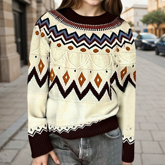 Tfken Child Girls Sweater Crew Neck Long Sleeve Fair Isle Print Retro Classic-Fit Pullover Sweater Beige Size 4-5 Years