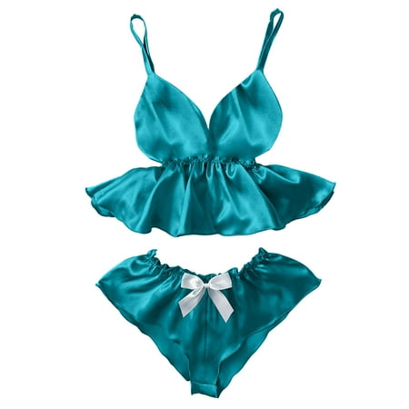 

DNDKILG Lace Satin Two-Piece Sleepwear Nightwear for Women Sexy Cami Crop Top and Shorts Sets Pajamas Set Loungewear Pj Set Mint Green 3XL