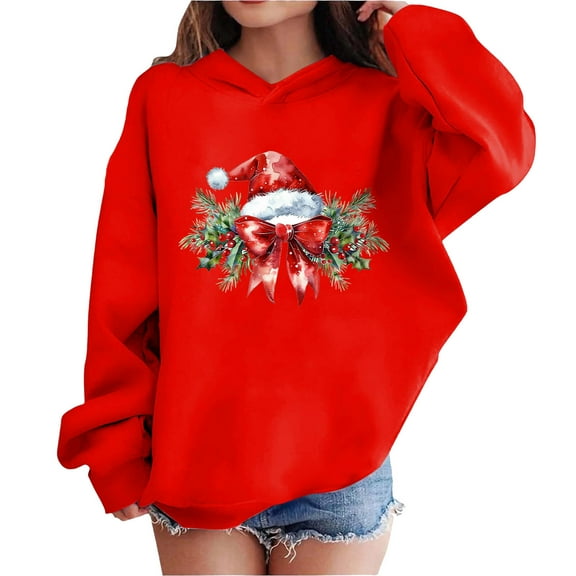 Lorytime Christmas Hoodies for Boys Girls Santa Hat Bow Sweatshirt Long Sleeve Pullover Drop Shoulder Festive Tops