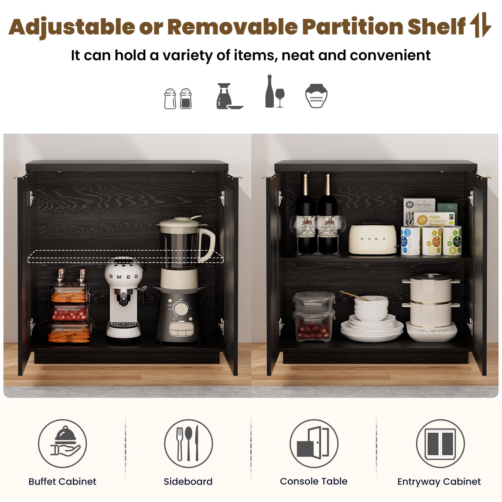 Hommpa Sideboard Buffet Cabinet Rattan Kitchen Storage Organizer Boho Farmhouse Accent Cabinets TV Console for Living Dining Room Coffee Bar for Party Holiday Festival Christmas Gift, Black