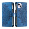 thumbnail image 3 of Nalacover for iPhone 14 Plus Embossed Floral Pattern PU Leather Crossbody Case with Shoulder Strap,Shockproof Magnetic Flip Kickstand Credit Card Slots Zipper Pocket Wallet Phone Case,Blue, 3 of 10