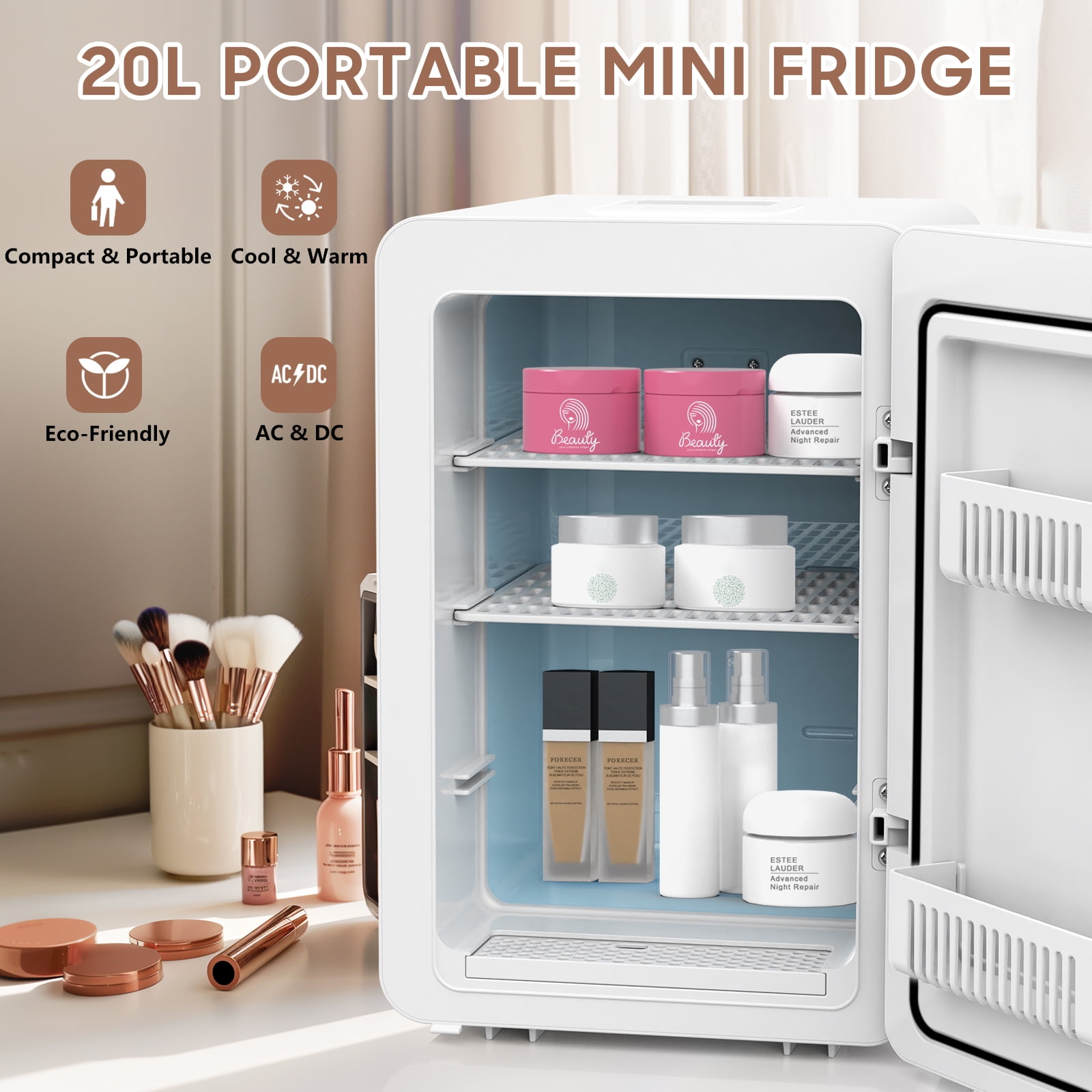ADVWIN 20L Skincare Fridge with Mirror & LED Lighting, 3-Mode Dimmable, Cooler & Warmer with Drip Tray, Bedroom, Vanity, Car & Home Use