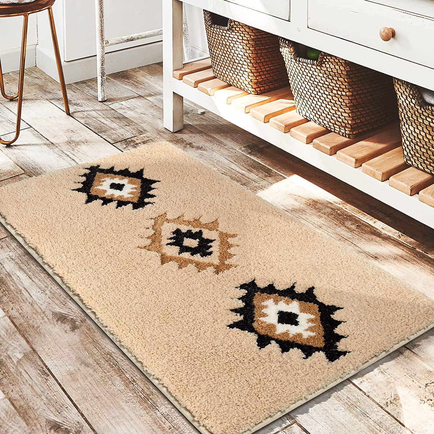 aoselan Boho Bathroom Rugs Cream Beige Bath Mat Non Slip Western