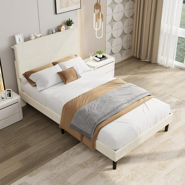 GloryStar Corduroy USB Charging Platform Bed, Adjustable Storage Headboard with Wooden Slat Support, No Box Spring Required