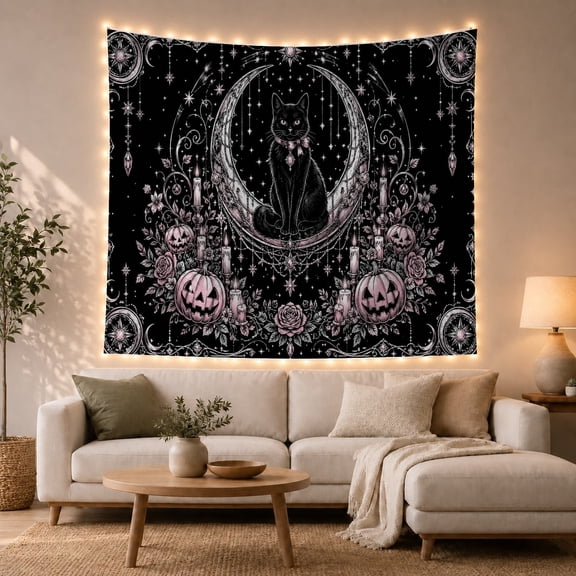 Black Cat in Crescent Moon with Stars and Pumpkins, Whimsical Gothic for Halloween Enthusiasts, Mystical Celestial Art, Housewarming Gift Tapestry Wall Hanging for Bedroom and Living Room