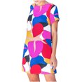 thumbnail image 2 of WaiiMak Femmes Décontracté Geo Print Robe Manches Courtes Genou Longueur Tunique Tshirt Robe Col Rond Couleur Bloc Robe Patchwork, 2 of 9