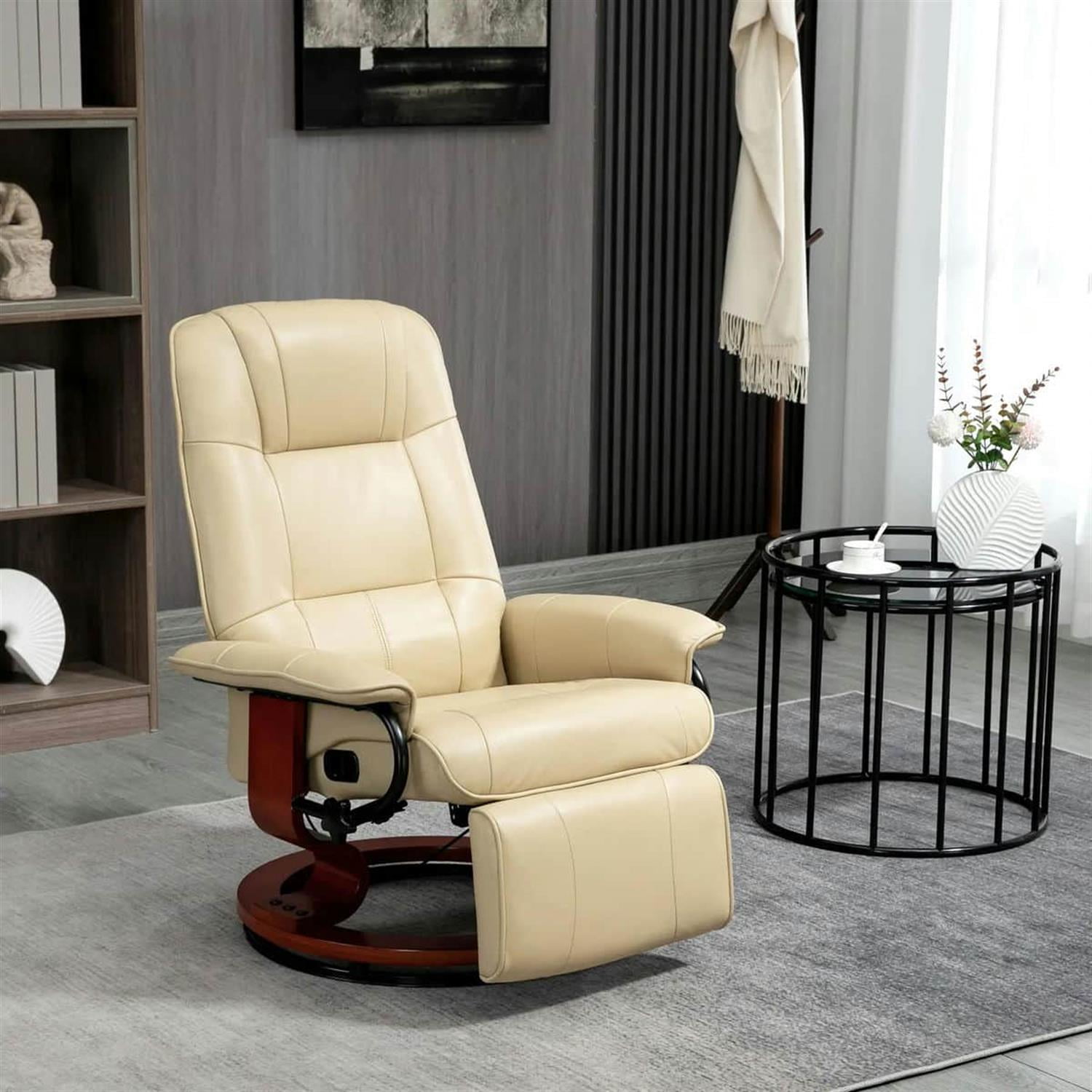 Demi Bonn 39" Faux Leather Swivel Recliner with Footrest, Armrest and Wooden Base for Living Room, Comfort High-Backed Sofa Chair, Beige