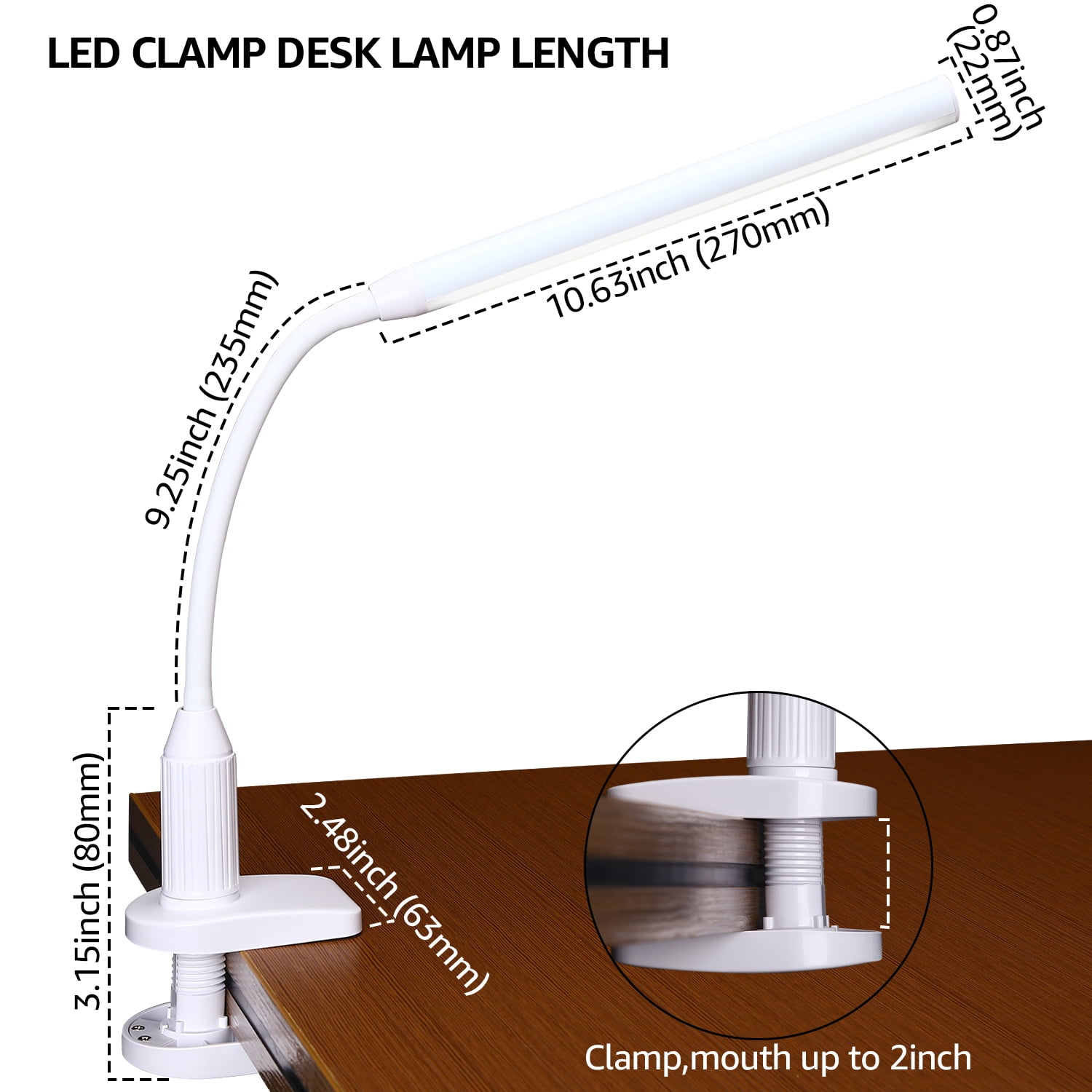 TORCHSTAR 5W Dimmable Flexible Study Clamp Desk Lamp, 26 LEDs Eye-Care Touch Sensitive Light with Memory Function, 4000K Cool White, USB Powered, ETL-Listed Power Adapter, 30,000hrs Lifespan，White