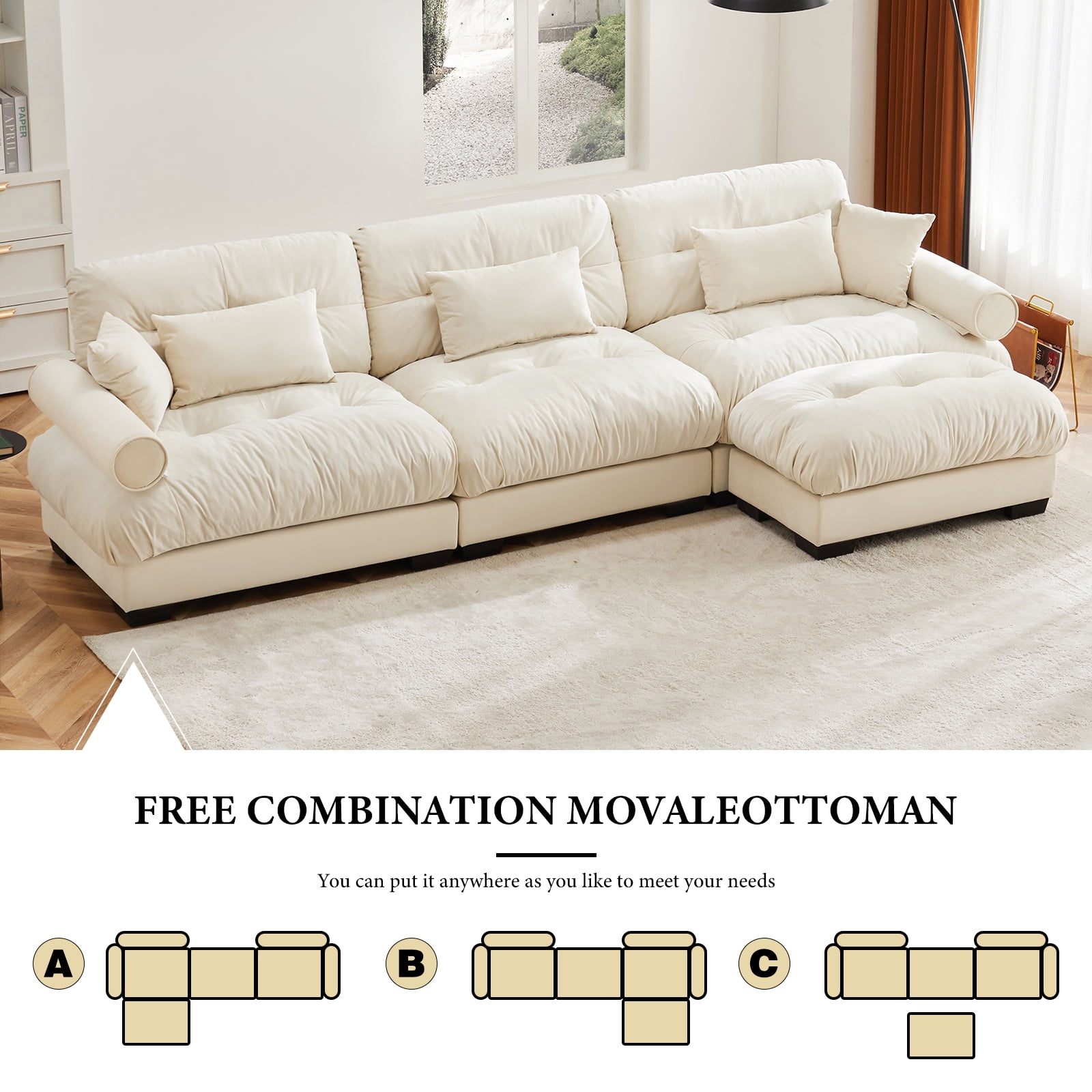130"Oversized Couch, 3 Seater Modular Sectional Sofa, Beige Large L Shaped Sectional Couches for Living Room, Fluffy Couch Set, 3 Seater, Velvet Cloud Couch with Ottoman, Sofas for Living Room