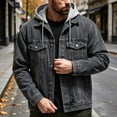thumbnail image 2 of Jerdar Men's Faux Two Piece Hooded Denim Trucker Jacket Lapel Collar Button Flap Pockets Washed Long Sleeve Loose Fit Vintage Casual Fall Winter Streetwear Jean Outerwear Coat Top, 2 of 5