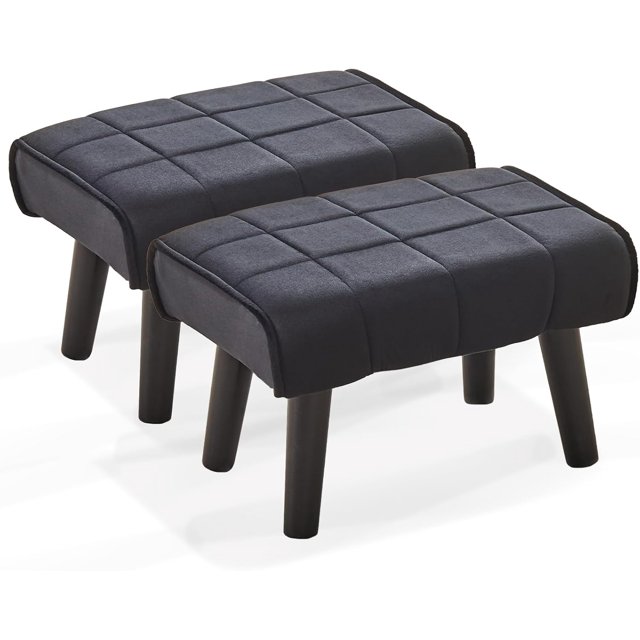 Small Foot Stool Ottoman with Solid Wood Legs Velvet Soft Padded Pouf Sofa Footrest 16 Inch 2-Pack in a dark color. The ottomans feature soft velvet upholstery with a quilted design, padded cushions for comfort, and sturdy solid wood legs with a polished finish. Compact and versatile, they are suitable for use as footrests, extra seating, or decorative accents in living rooms, bedrooms, or entryways.