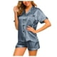 thumbnail image 3 of Conjunto de Pijama de verano para mujer, ropa de dormir rosa con cuello vuelto de seda sintética satinada azul, Pijama informal de manga corta para mujer, pantalones cortos para el hogar M, 3 of 5