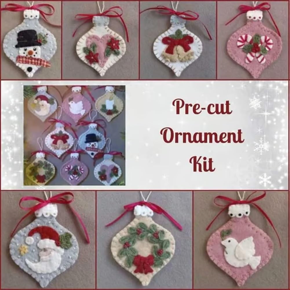 Pre-Cut Wool Blend Felt Holiday Hearts Ornament Kit, Christmas Craft Fabric Sewing Kits, Handmade Felt Decoration, DIY Crafting Supplies for Xmas Party（Material Kit, DIY Assembly Required）(4 set)