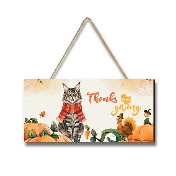 Happy Thanksgiving Maine Coon with Turkey Pumpkins Autumn Vibes Landscape Wood Sign Cat Lover Kitten Owner Gifts Hanging Wall Home Decor - 12018