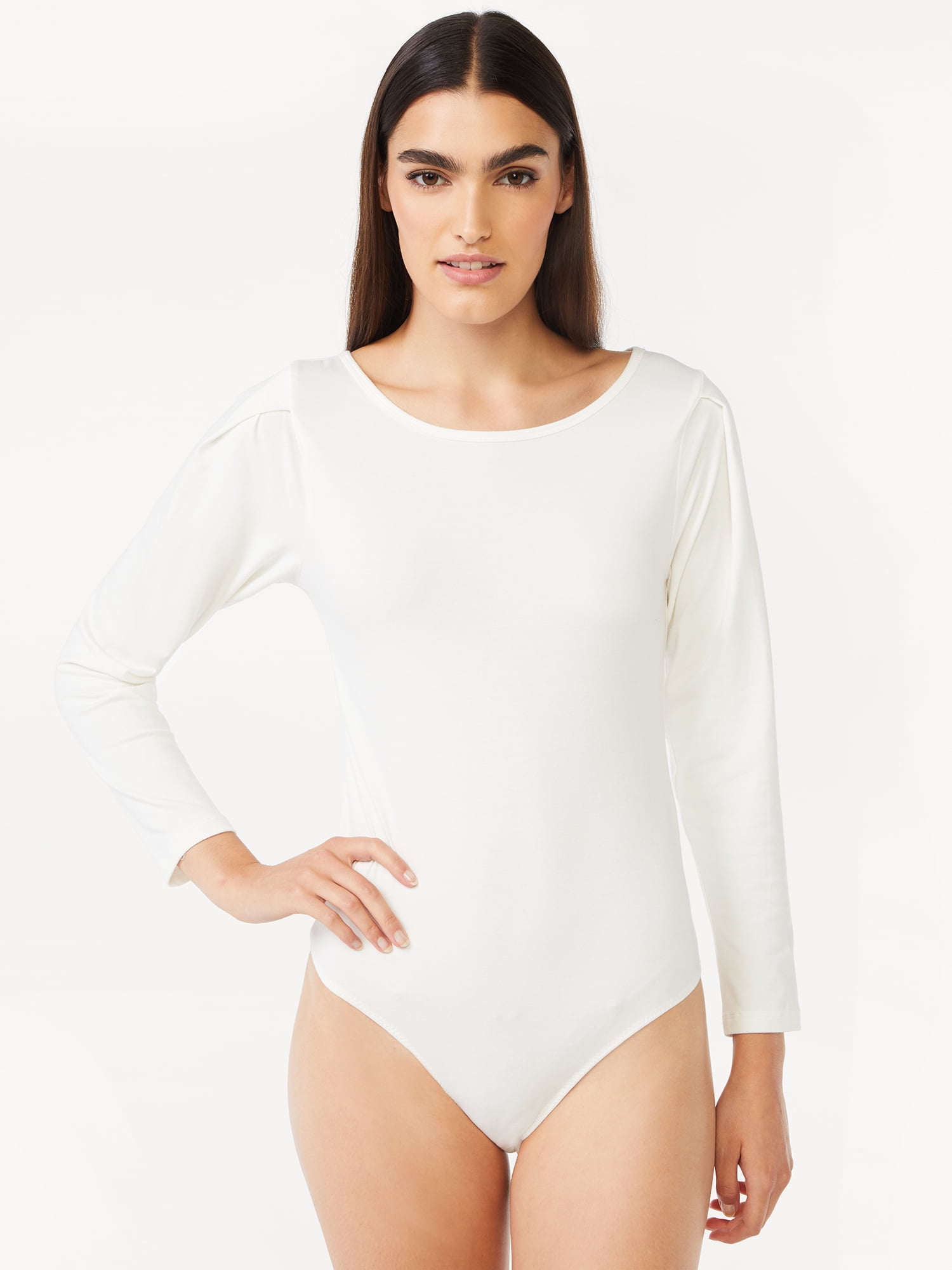 Free Assembly Women's Pleat Shoulder Bodysuit with Long Sleeves