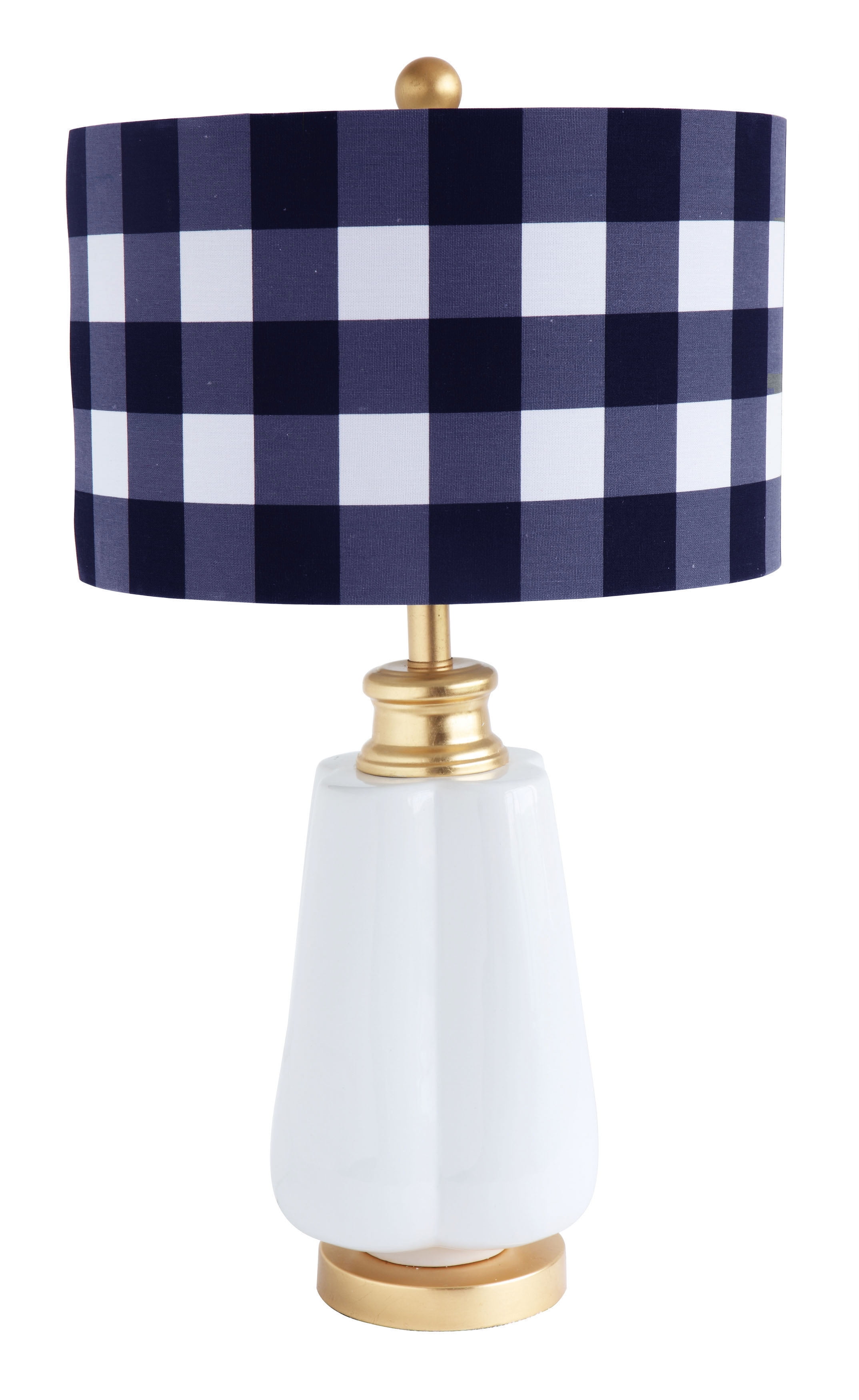 Woven Paths White Ceramic Table Lamp with Gold Accents and Blue Gingham