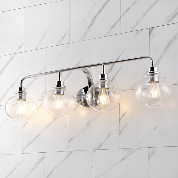 JONATHAN Y Sandrine 36" 4-Light Iron/Seeded Glass Cottage Rustic LED Vanity Light, Chrome