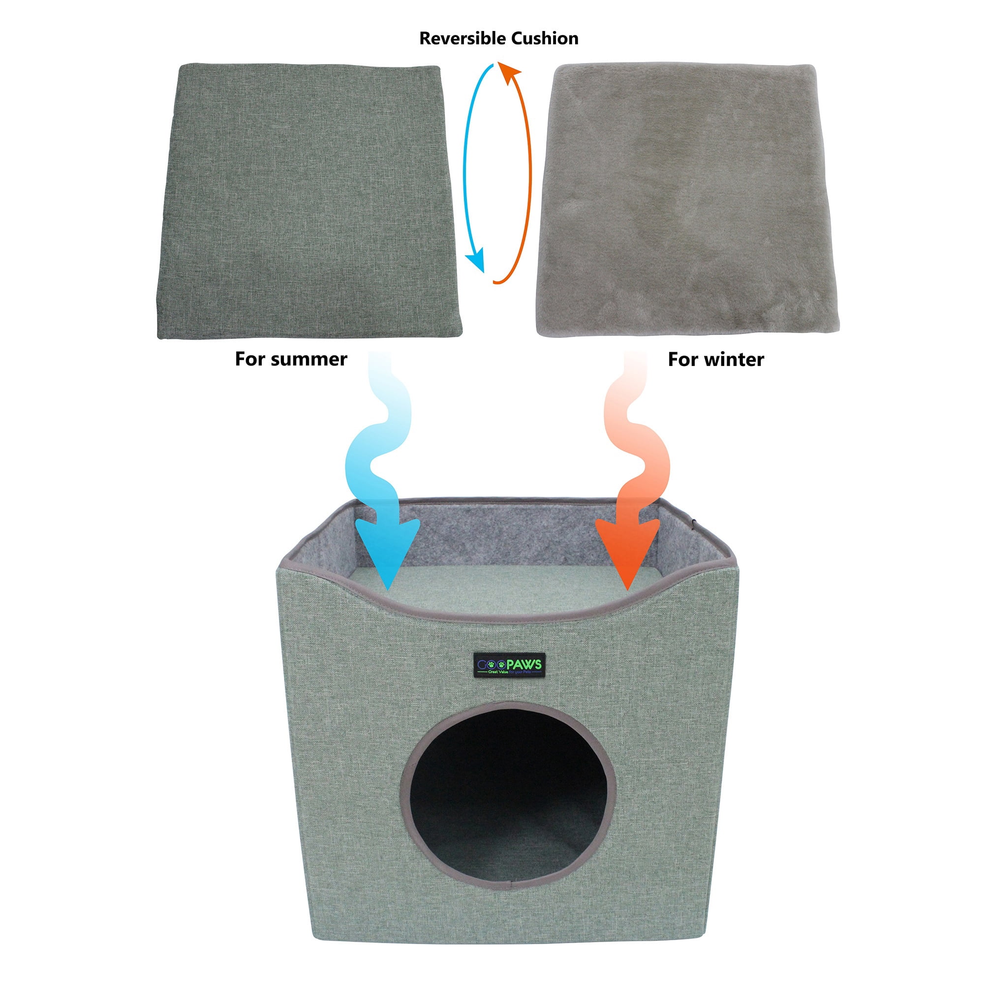 JESPET & GOOPAWS: Foldable Cat Condo - Sage Green - Cube House, Sleeper Bed Cave, Top Lying Surface, 2 Reversible Cushions, Hiding Place, 15.5 x 15"