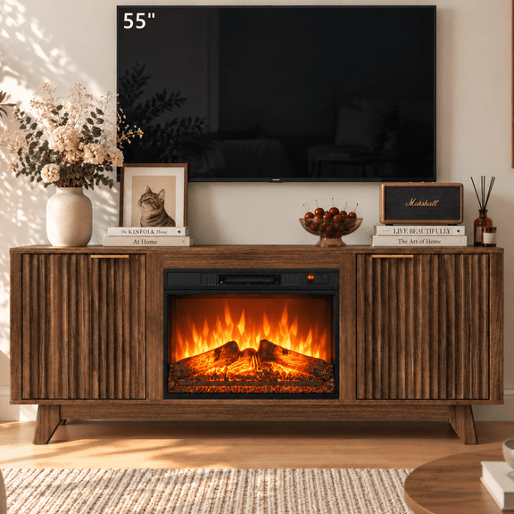 Ktaxon Fireplace TV Stand with Electric Fireplace, 58 Inch Entertainment Center for TVs Up to 65", Mid Century Modem TVConsole with Storage Cabinets, Walnut