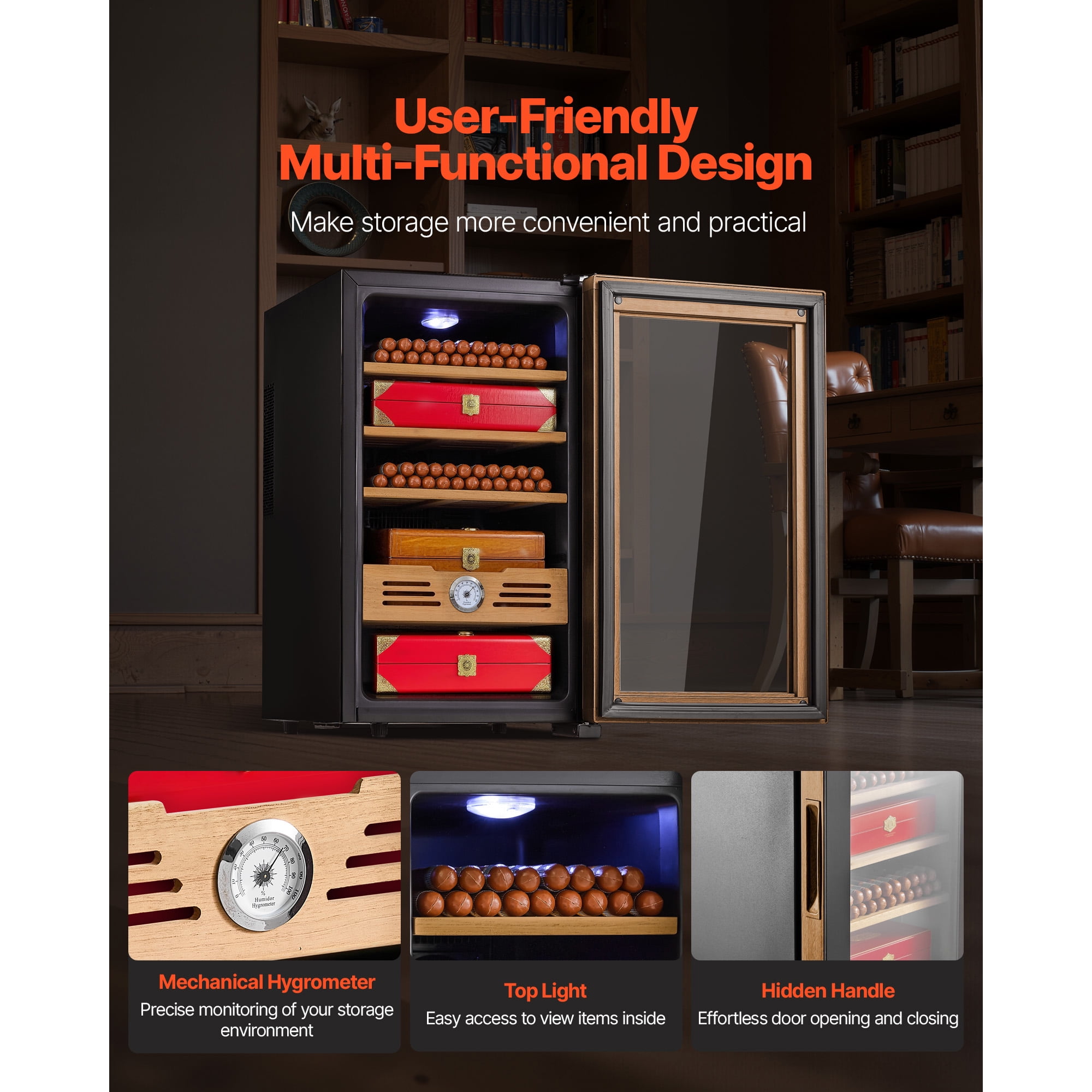 KFFKFF Electric Humidor Cabinet, 48L Capacity, Holds Up to 350 Cigars, Features Cooling Temperature Control, Spanish Cedar Shelves and Drawers, Mechanical Hygrometer, Four-Tier Design