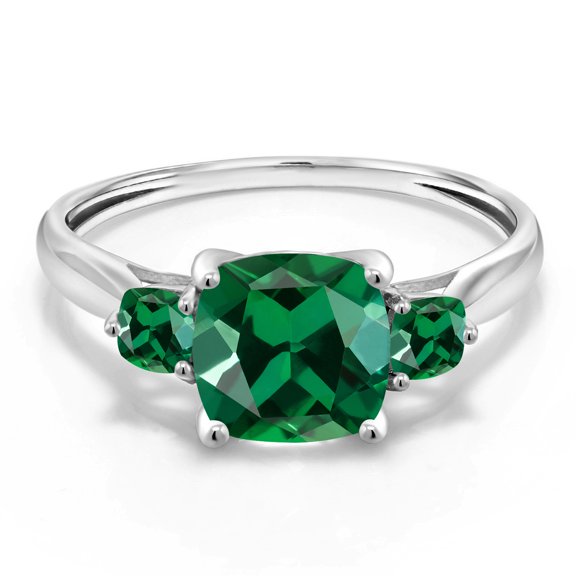 Gem Stone King 10K White Gold Green Nano Emerald 3 Stone Engagement Ring for Women (0.99 Cttw, Cushion 7MM, Gemstone May Birthstone, Size 8)
