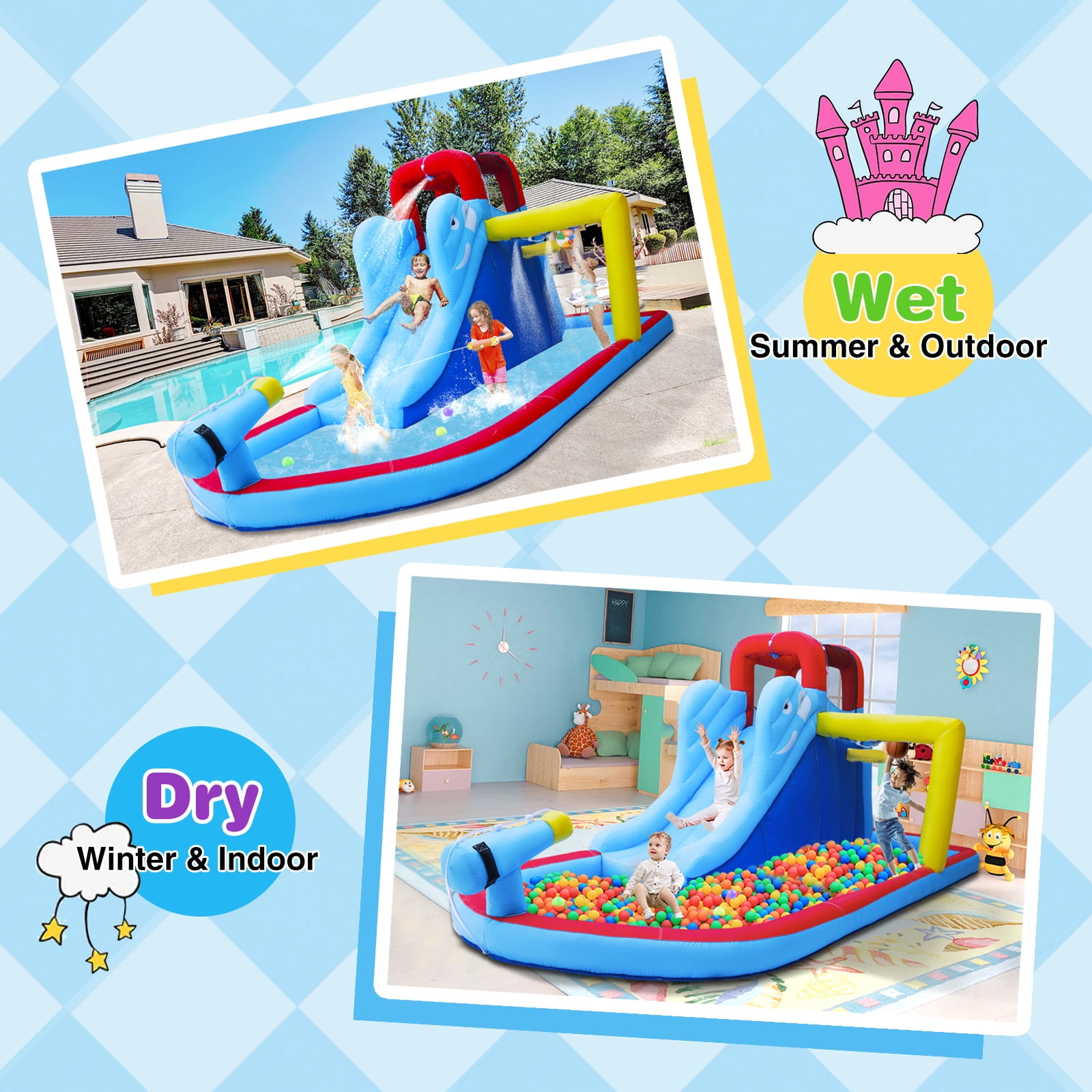 JOYLDIAS Kids Inflatable Water Slide Bouncer Playhouse Castle with 3 Water Guns, Splash Pool, Climbing Wall, Basketball Hoop, Bag, Air Blower