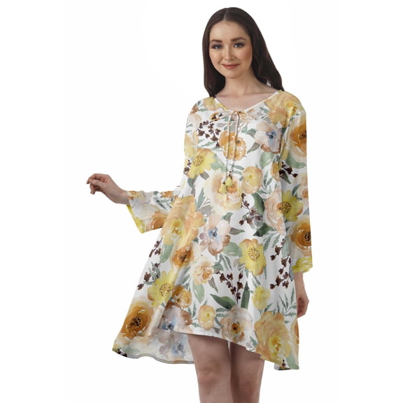 Moomaya Rayon Flared Dress For Womens Long Sleeve Printed V-Neck Casual Beach Dress For Girls