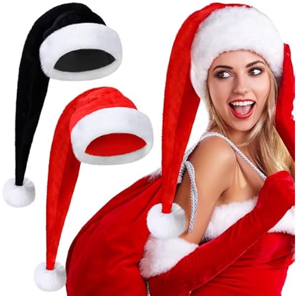 wonima02 2 Pcs Santa Hat, Adults 30 Inch Black and Red Plush Deluxe Long Christmas Xmas Hat for Festival